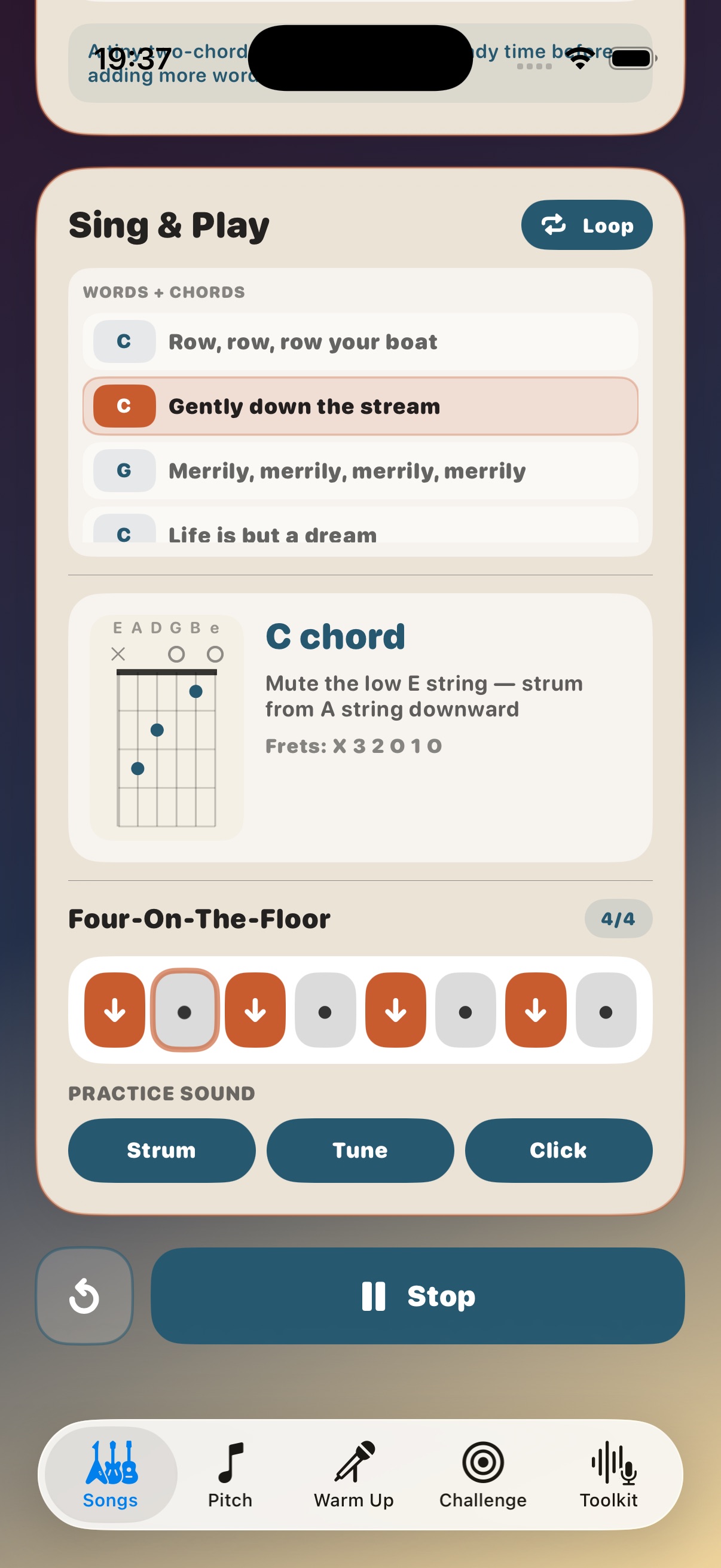 Nursery rhyme play-along showing lyric rows, chord diagram, strumming grid, and practice sound controls
