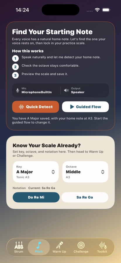 Pitch tab showing Find Your Starting Note, Quick Detect, Guided Flow, and scale settings